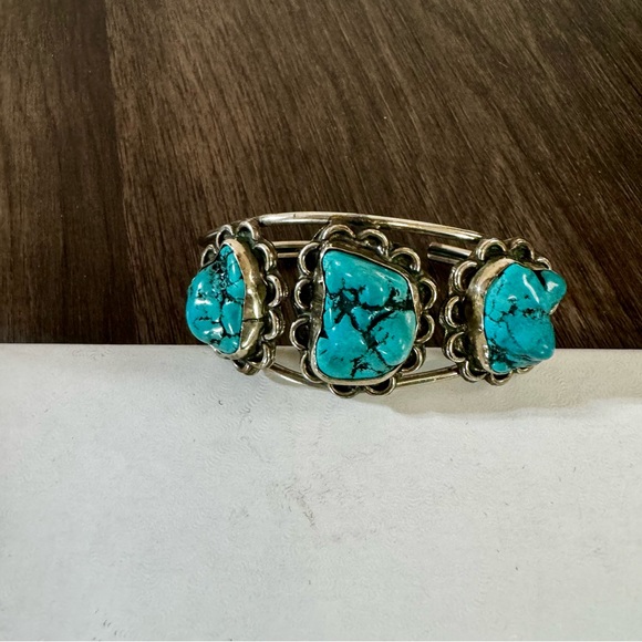 Vintage Mexican Blue Turquoise Cuff - Handmade Boho Bracelet - Picture 1 of 9